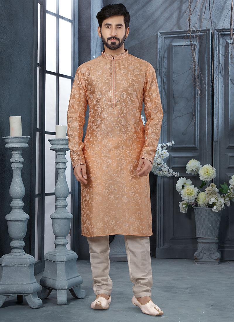 Peach Silk Mens Kurta Pyjama Set