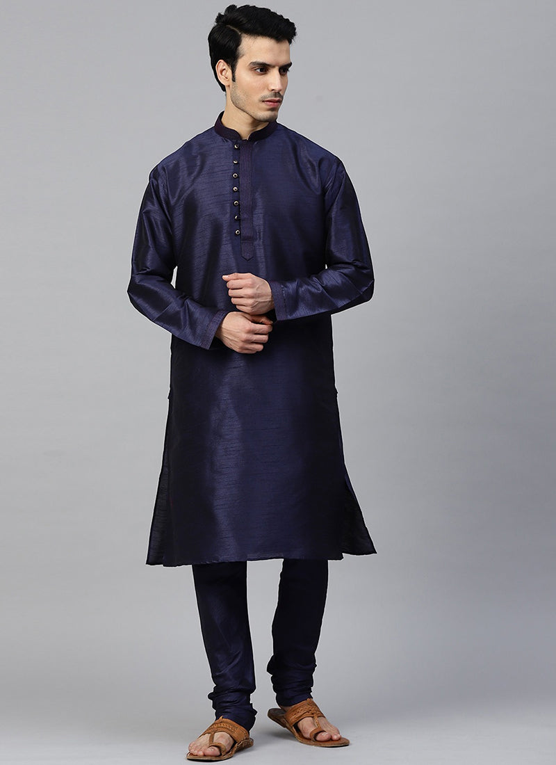 Navy Blue Dupion Silk Mens Kurta Set