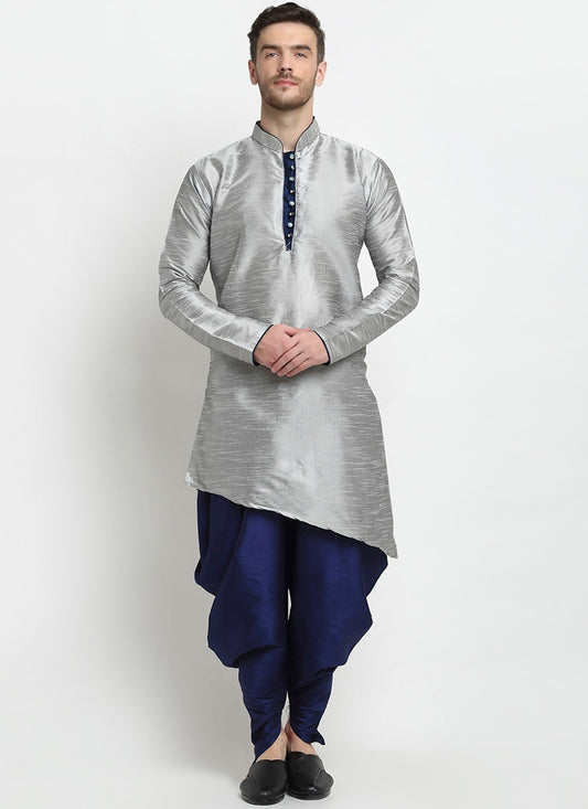 Grey Dupion Silk Mens Kurta Pyjama Set