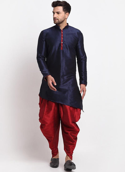 Navy Blue Dupion Silk Mens Kurta Pyjama Set