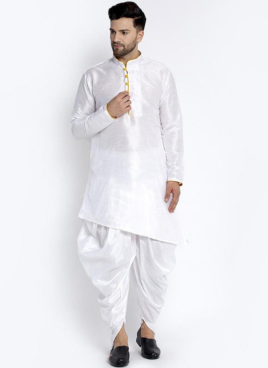 White Dupion Silk Mens Kurta Pyjama Set