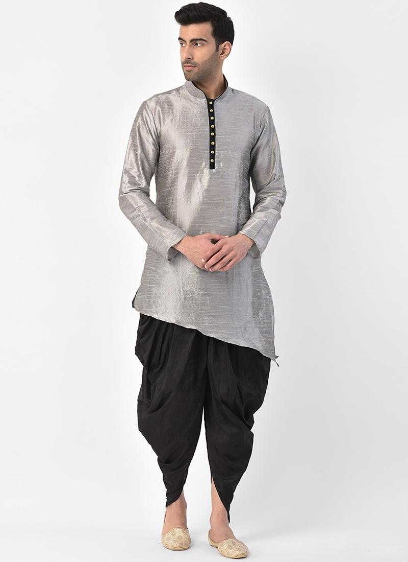 Grey Dupion Silk Mens Kurta Pyjama Set