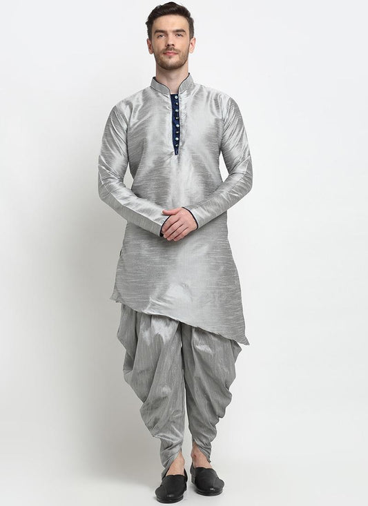 Grey Dupion Silk Mens Kurta Pyjama Set