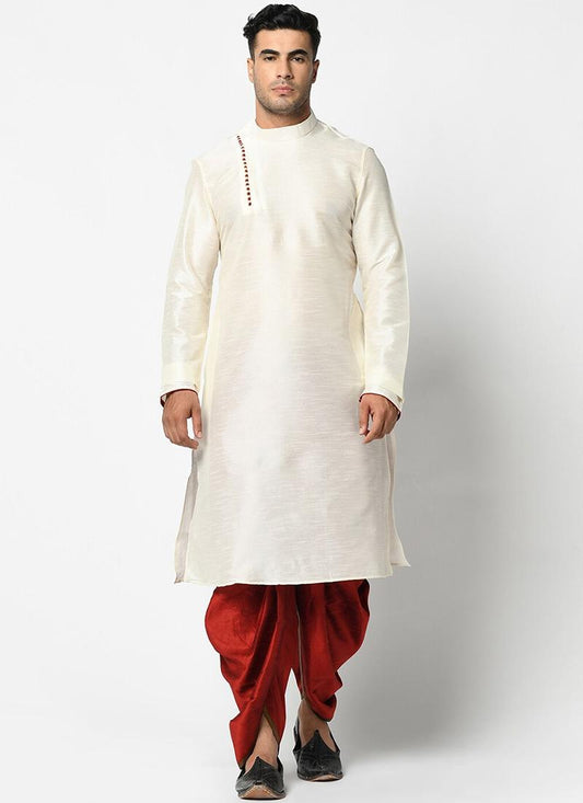 Off White Dupion Silk Mens Kurta Pyjama Set
