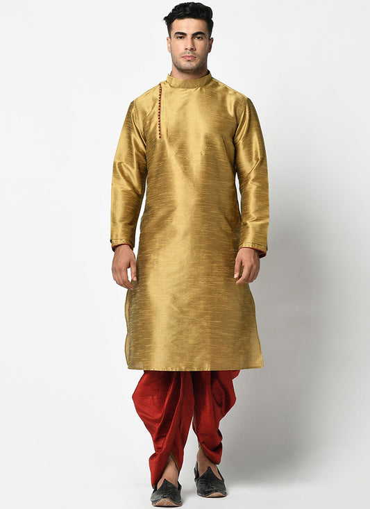 Golden Dupion Silk Mens Kurta Pyjama Set