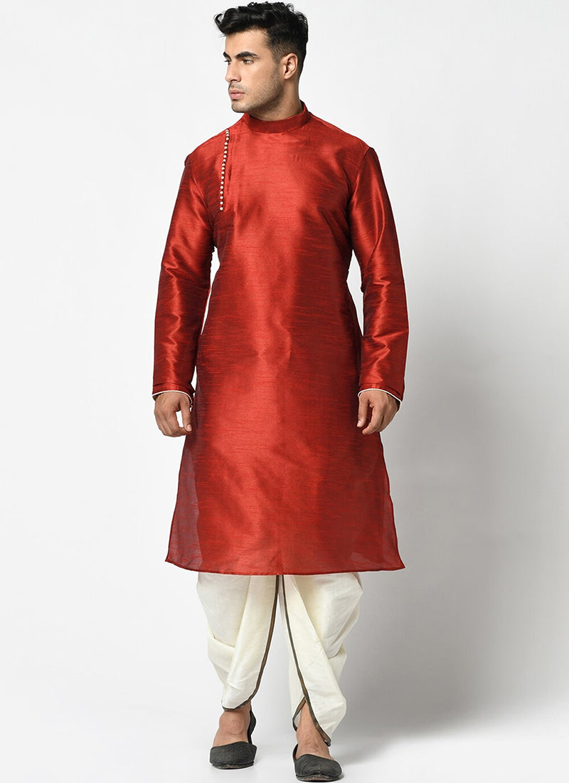 Rust Dupion Silk Mens Kurta Pyjama Set