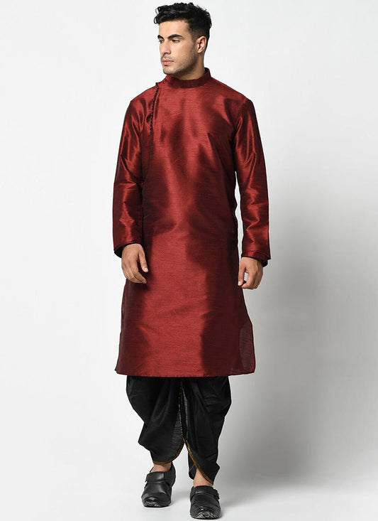 Maroon Dupion Silk Mens Kurta Pyjama Set