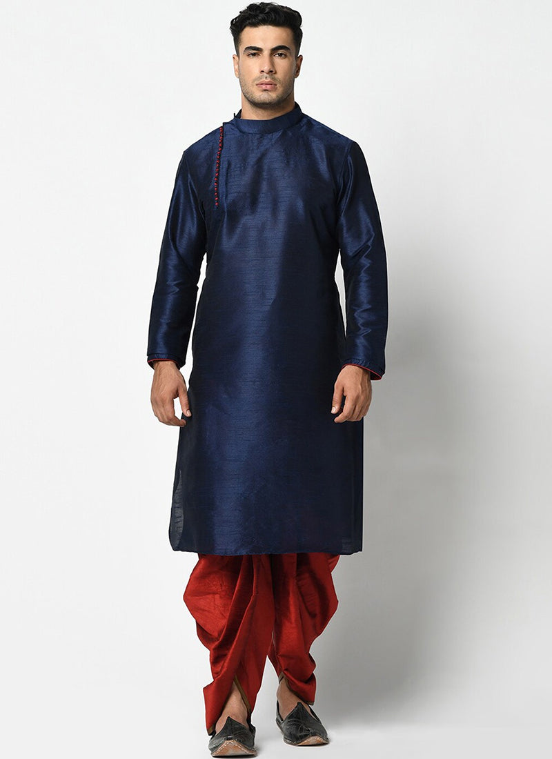 Navy Blue Dupion Silk Mens Kurta Pyjama Set