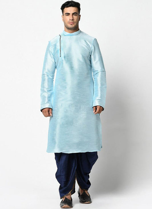 Ice Blue Dupion Silk Mens Kurta Pyjama Set