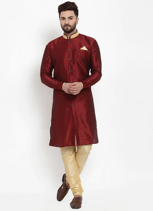 Maroon Banarasi Dupion Silk Mens Kurta Set