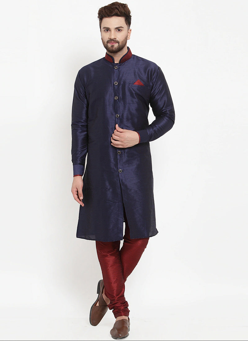 Navy Blue Banarasi Dupion Silk Mens Kurta Set