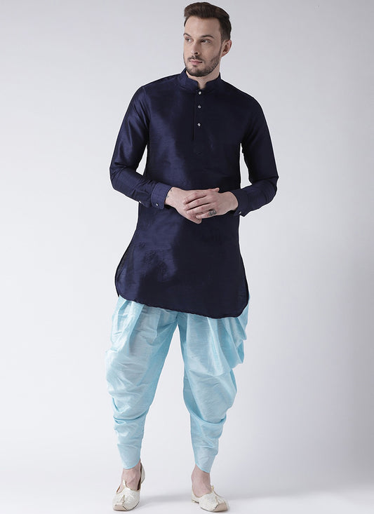 Navy Blue Art Dupion Silk Mens Kurta Pyjama Set