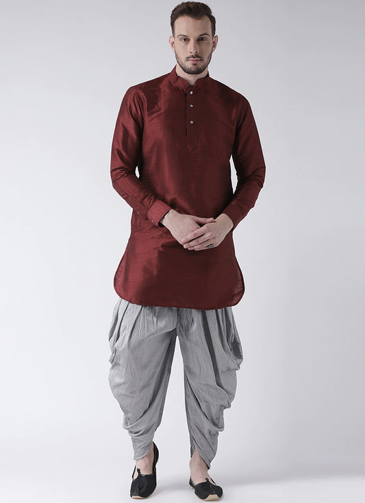 Maroon Art Dupion Silk Mens Kurta Pyjama Set
