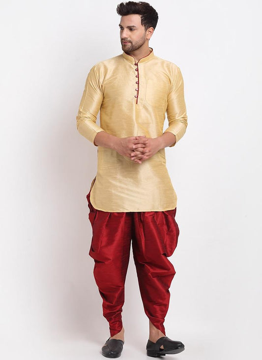Golden Cream Art Dupion Silk Mens Kurta Pyjama Set