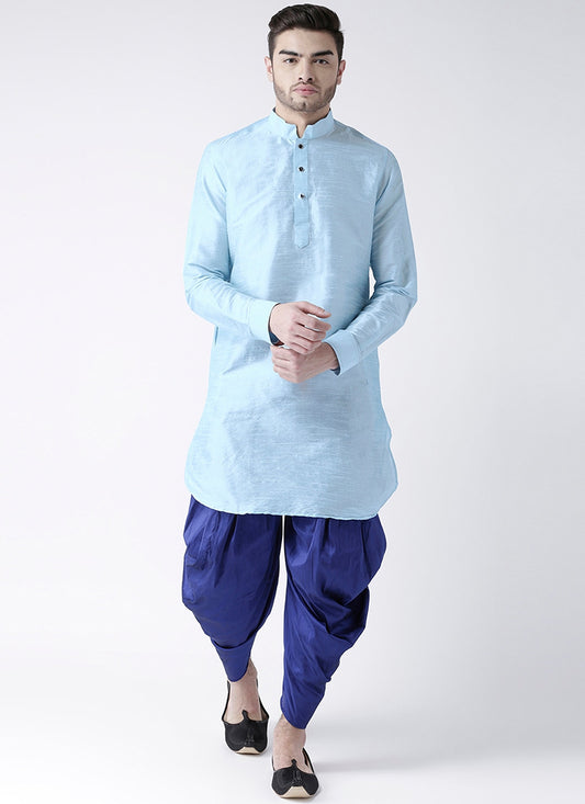 Sky Blue Art Dupion Silk Mens Kurta Pyjama Set