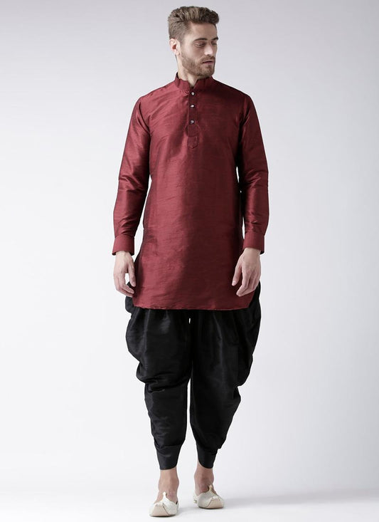 Maroon Art Dupion Silk Mens Kurta Pyjama Set