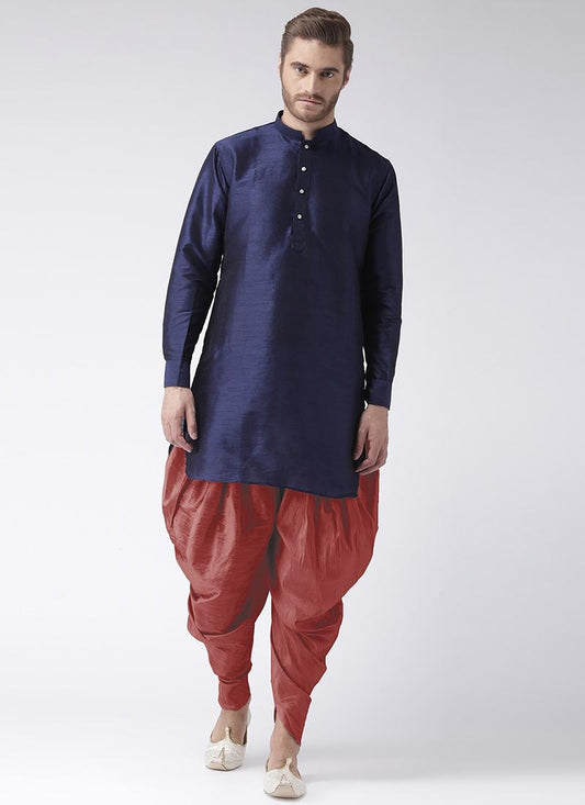 Navy Blue Art Dupion Silk Mens Kurta Pyjama Set