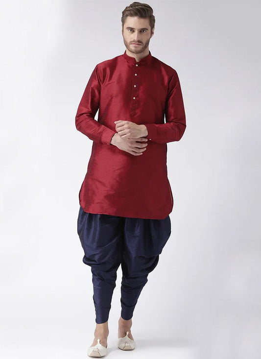 Maroon Art Dupion Silk Mens Kurta Pyjama Set