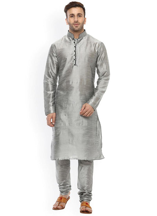 Grey Dupion Silk Mens Kurta Pyjama Set