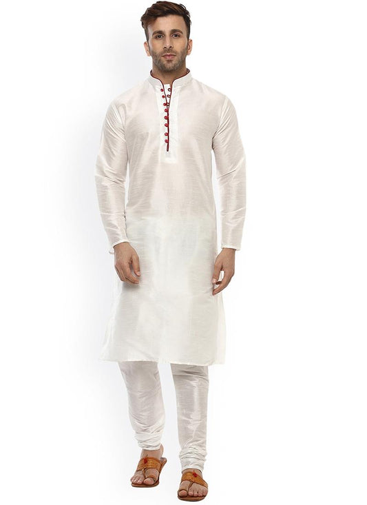 White Dupion Silk Mens Kurta Pyjama Set