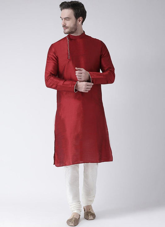 Maroon Dupion Silk Mens Kurta Pyjama Set