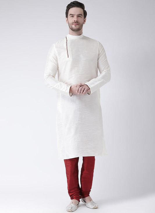 White Dupion Silk Mens Kurta Pyjama Set