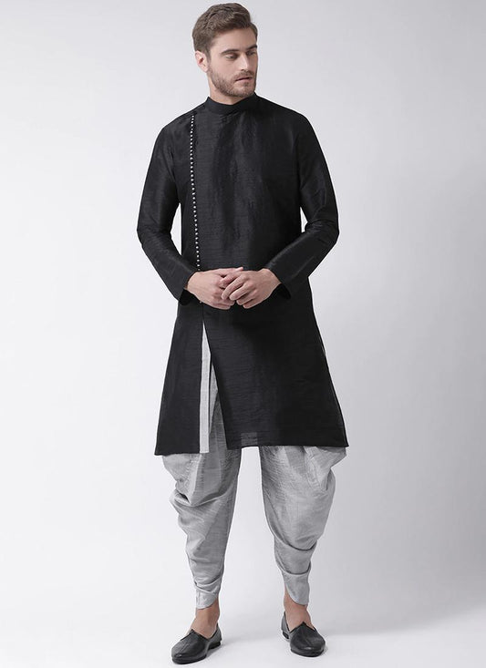 Black Dupion Silk Mens Kurta Pyjama Set