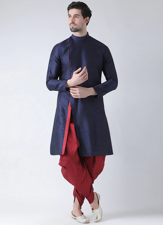 Navy Blue Dupion Silk Mens Kurta Pyjama Set