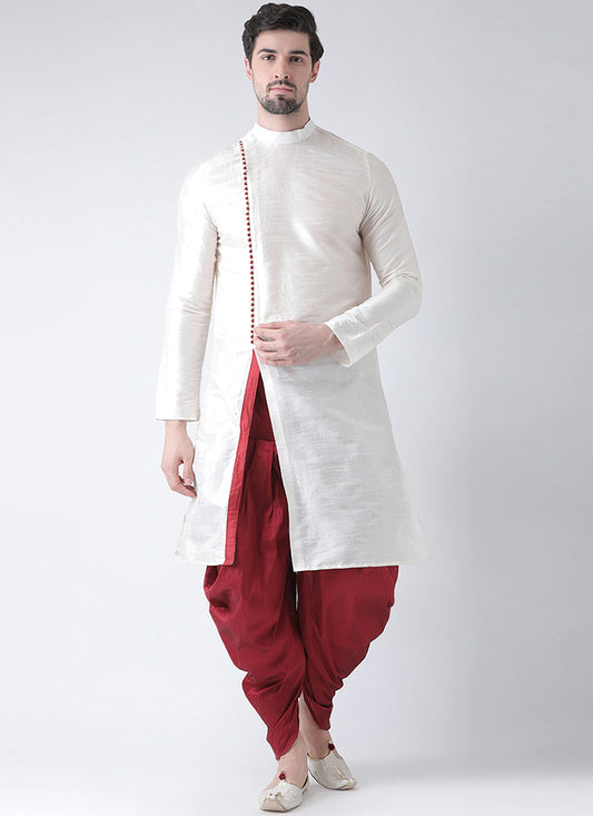 White Dupion Silk Mens Kurta Pyjama Set