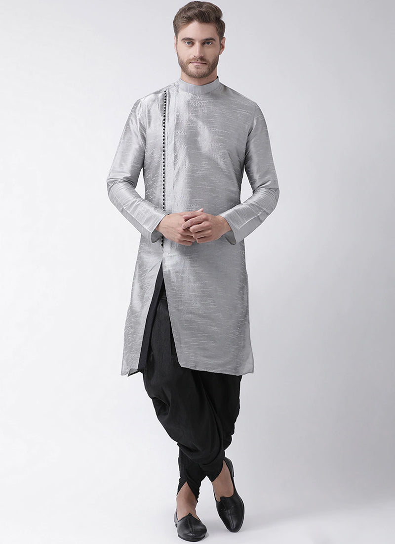 Grey Dupion Silk Mens Kurta Pyjama Set