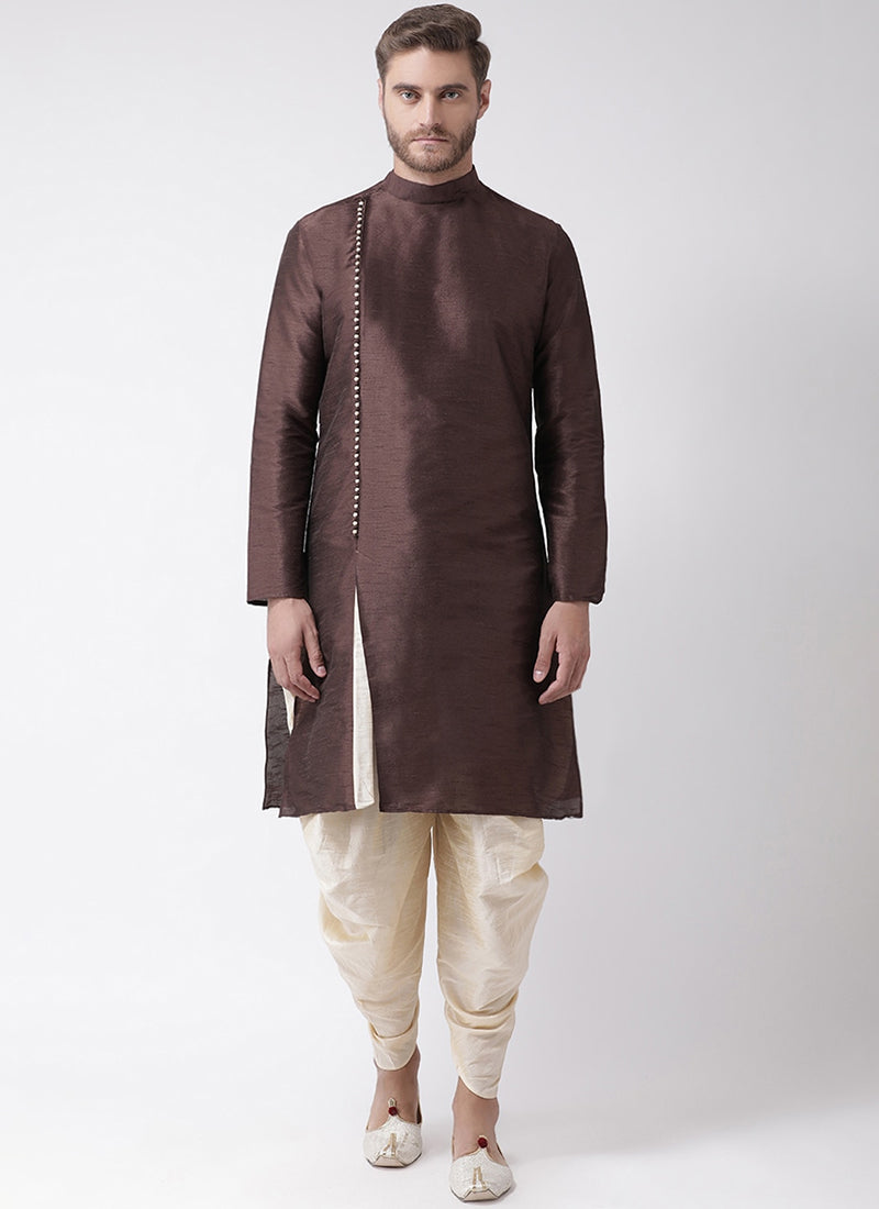 Coffee Brown Dupion Silk Mens Kurta Pyjama Set