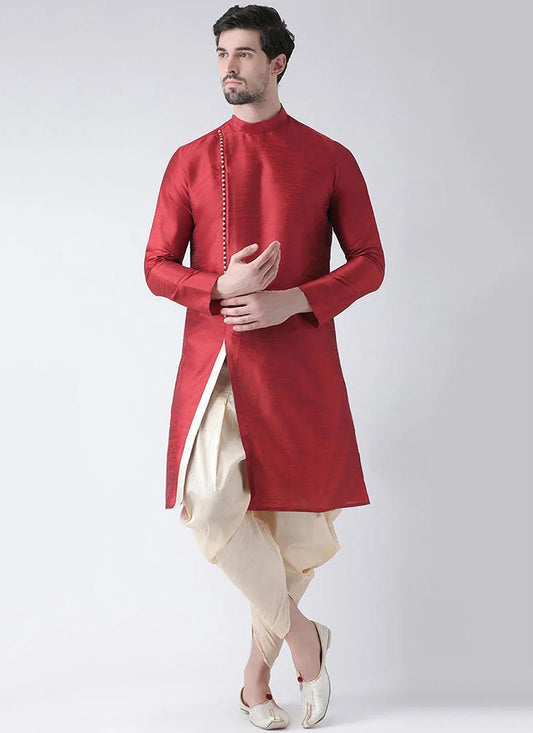 Red Dupion Silk Mens Kurta Pyjama Set