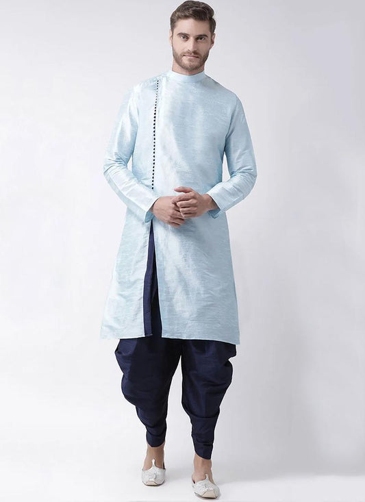 Ice Blue Dupion Silk Mens Kurta Pyjama Set