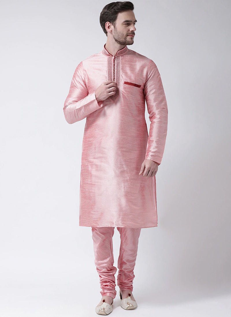 Pink Dupion Silk Mens Kurta Pyjama Set