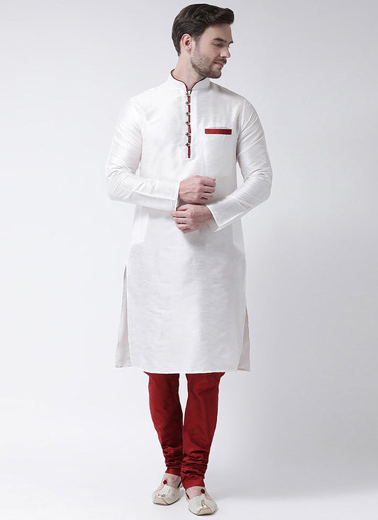 White Dupion Silk Ready Made Mens Kurta Pyjama Set