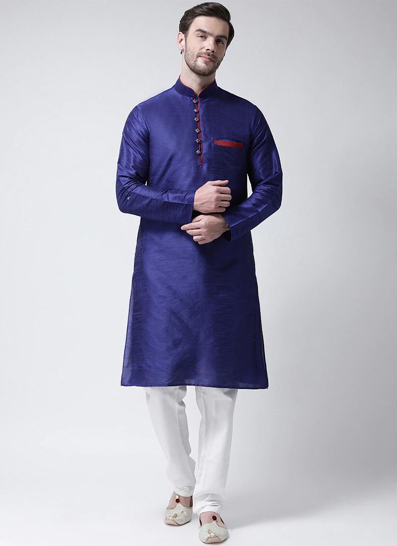 Blue Dupion Silk Mens Kurta Pyjama Set