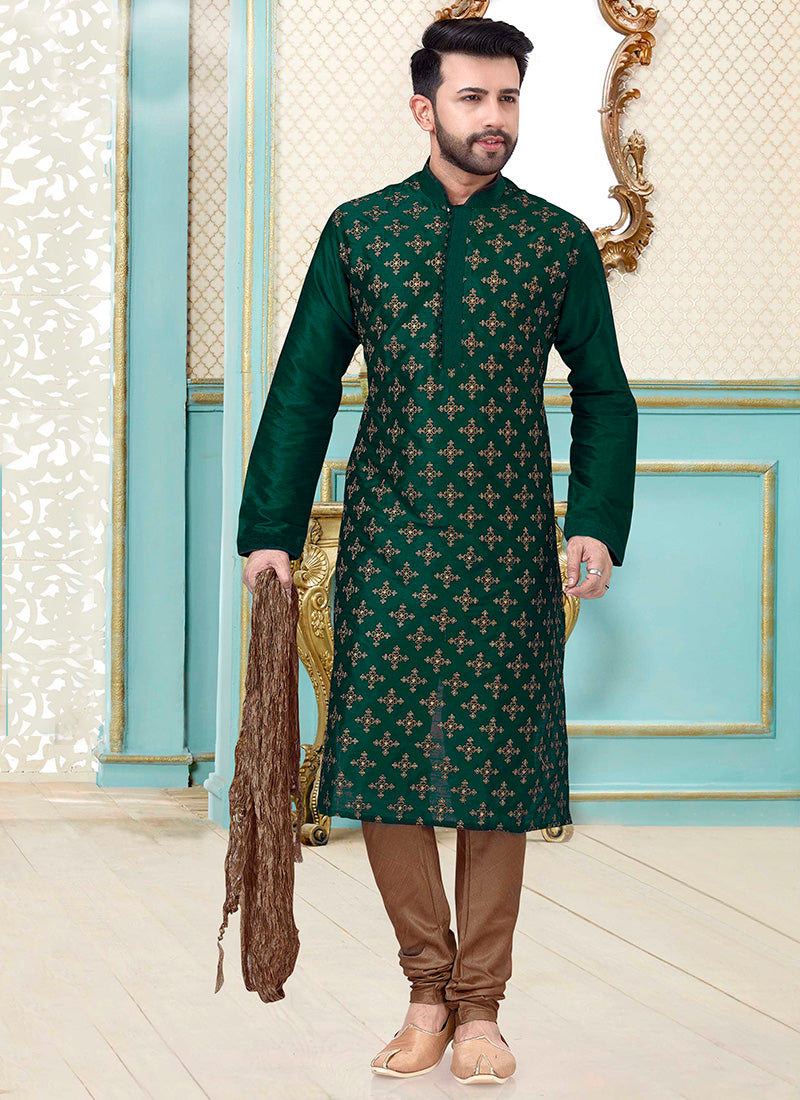 Bottle Green Dupion Silk Embroidered Mens Kurta Set