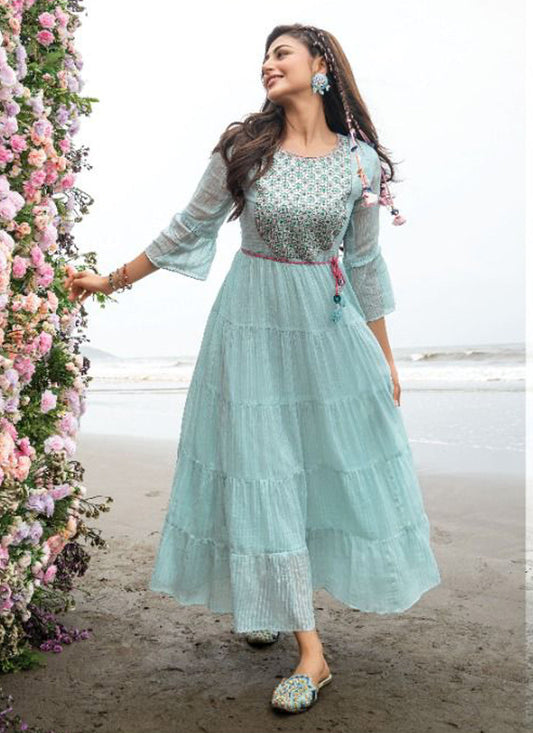 Sky Blue Mul Cotton Embroidered Ready Made Kurti