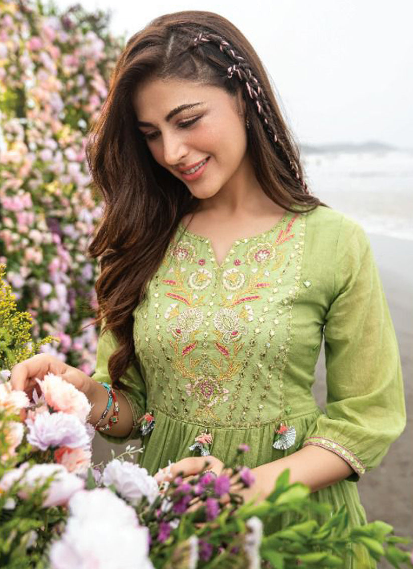 Green Mul Cotton Embroidered Ready Made Kurti