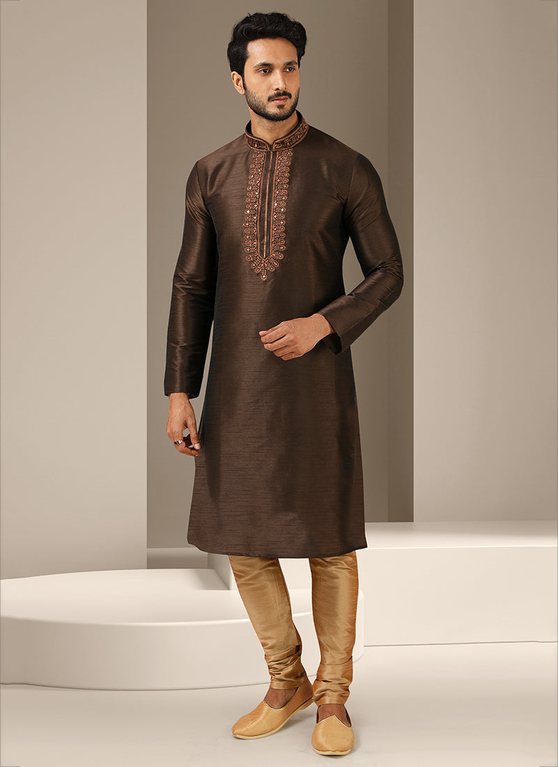 Coffee Brown Banarasi Art Silk Mens Kurta Pyjama Set