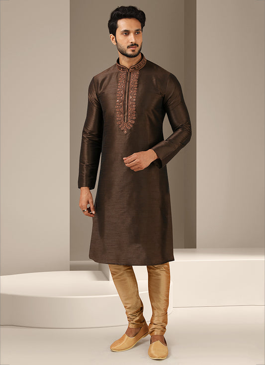 Coffee Brown Banarasi Art Silk Mens Kurta Pyjama Set