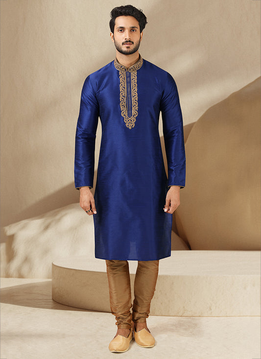 Indigo Blue Banarasi Art Silk Mens Kurta Pyjama Set