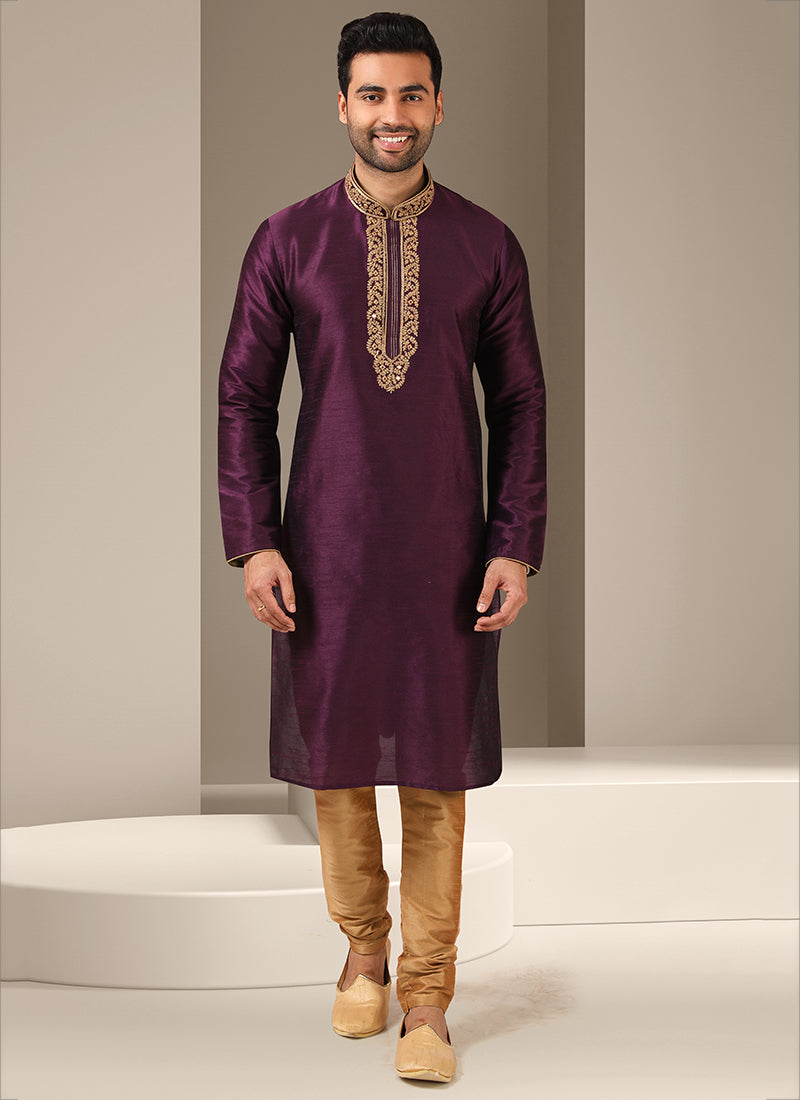 Burgundy Banarasi Art Silk Mens Kurta Pyjama Set