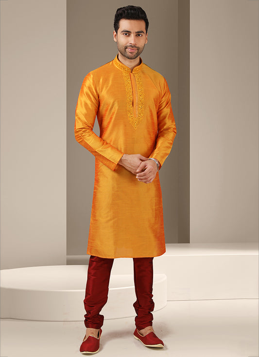 Golden Orange Banarasi Art Silk Mens Kurta Pyjama Set