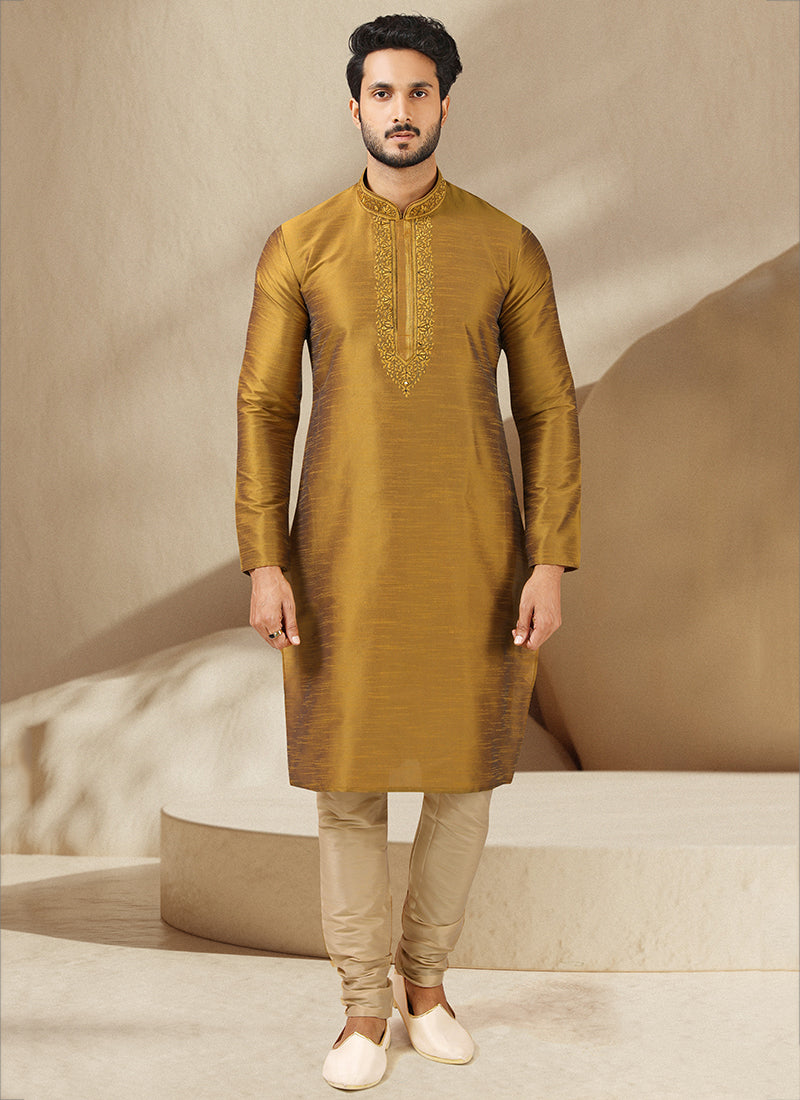 Golden Banarasi Art Silk Embroidered Mens Kurta Set