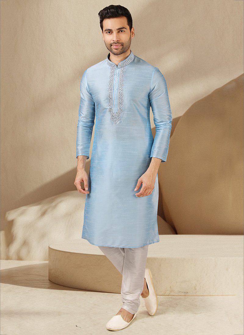 Ice Blue Banarasi Art Silk Embroidered Mens Kurta Set