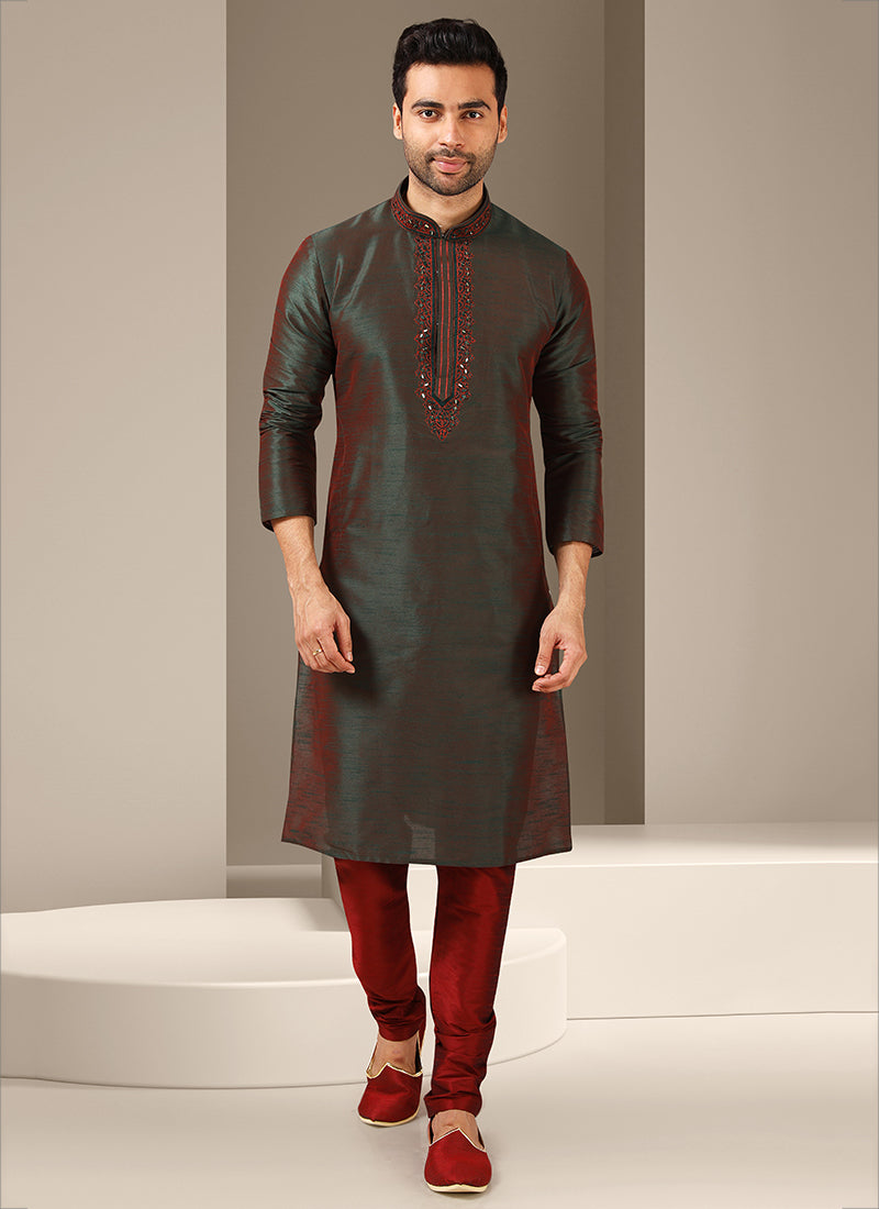 Pine Green Banarasi Art Silk Embroidered Mens Kurta Set