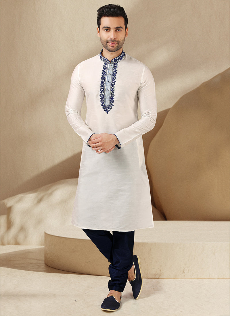 Pearl White Banarasi Art Silk Embroidered Mens Kurta Set