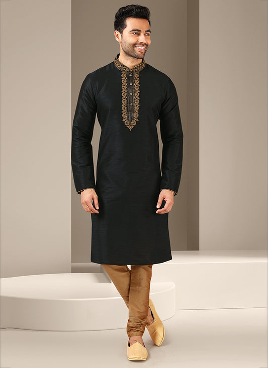 Black Banarasi Art Silk Embroidered Mens Kurta Set