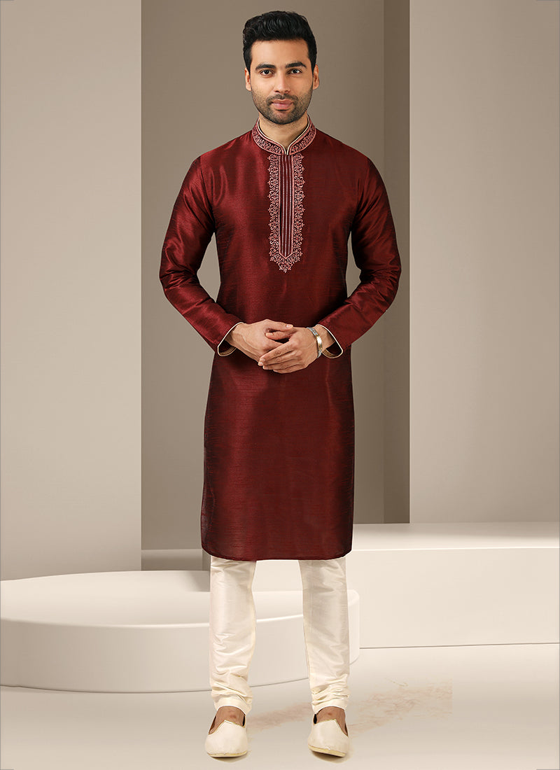 Maroon Banarasi Art Silk Embroidered Mens Kurta Set